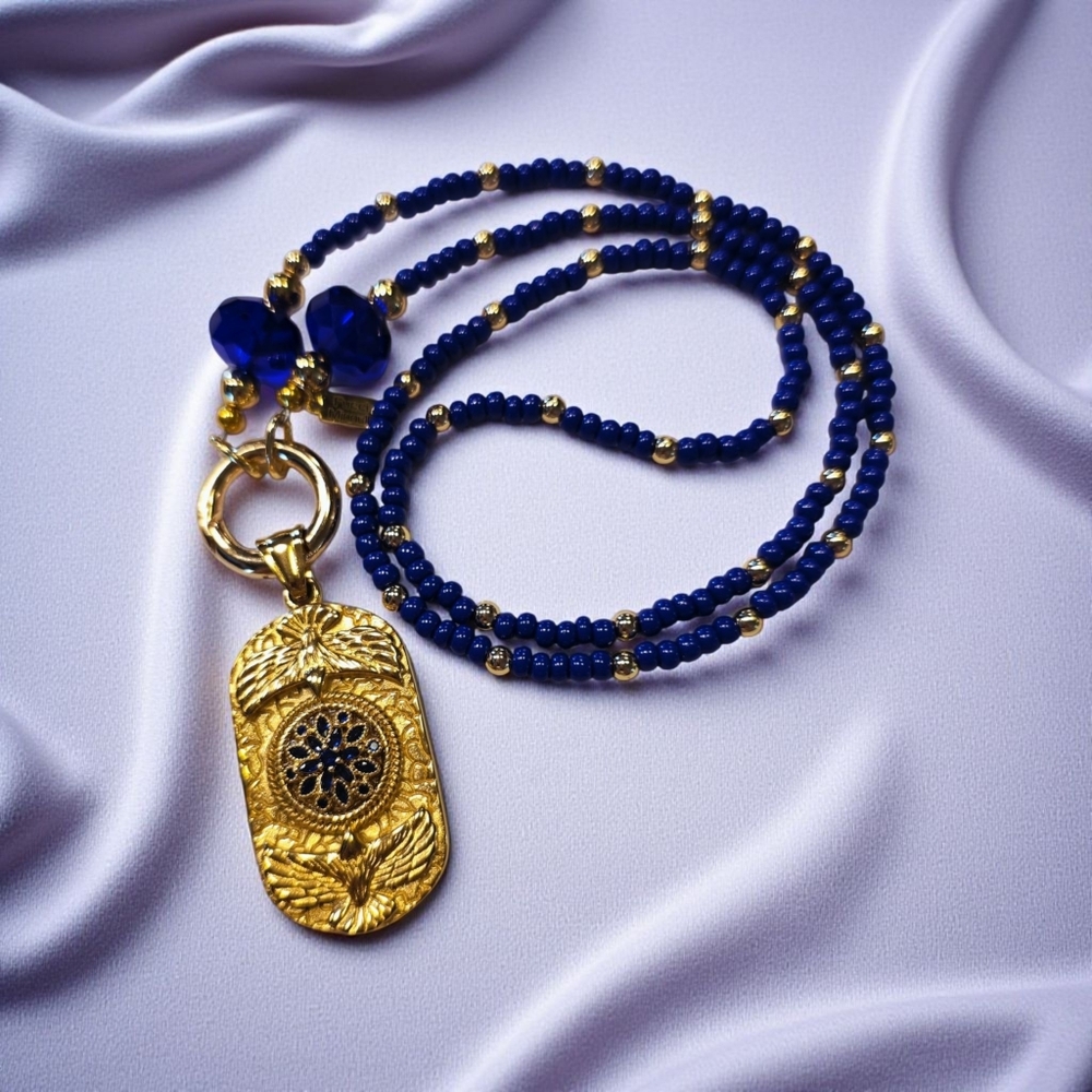 SALE!! Cobalt Blue Crystal and Gold Medallion Necklace  NWT